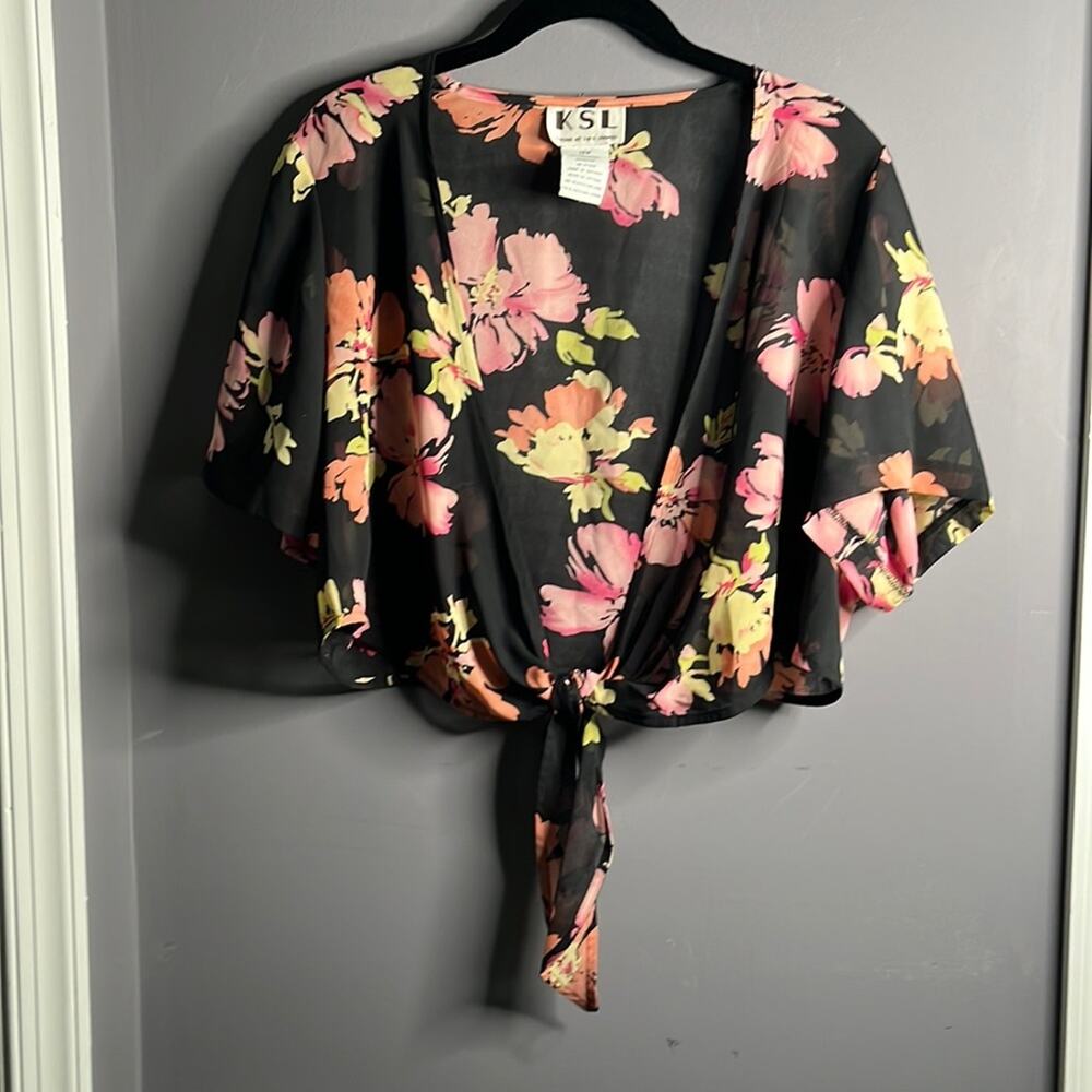 KSL by Karin Stevens Black Pink Floral Tie Front Blouse 14W